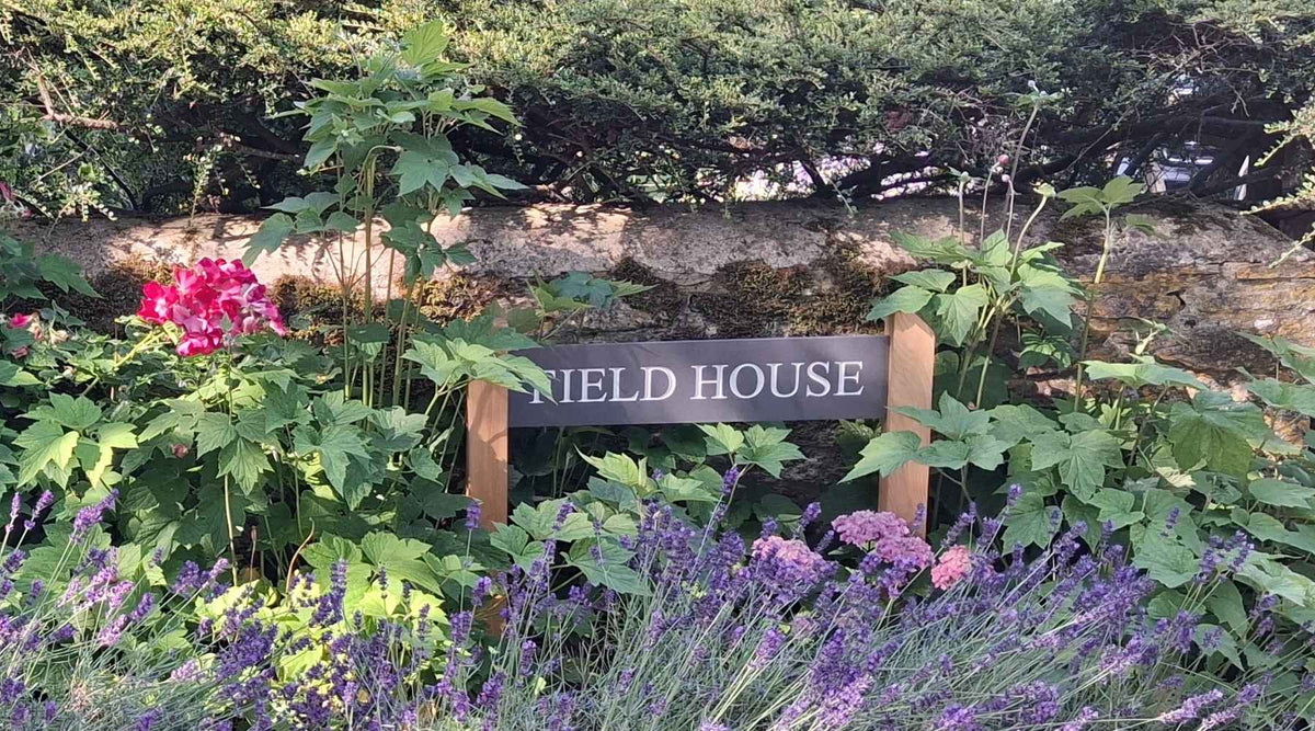 Oak Post & Dark Slate Sign in place