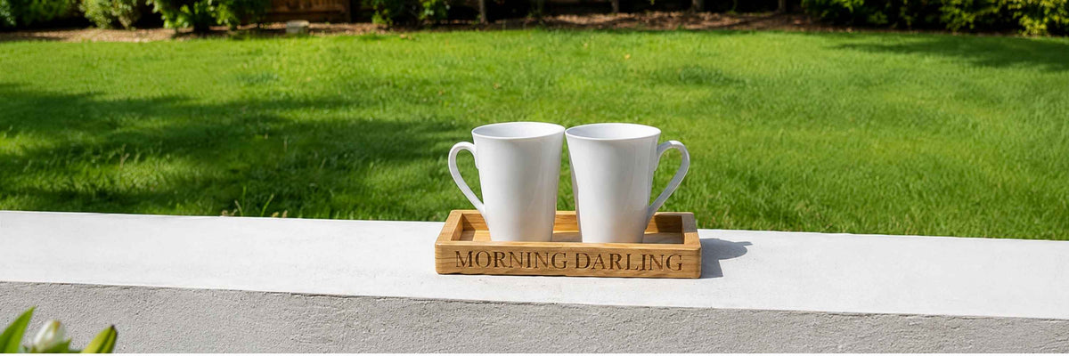 Wooden Oak Tea Tray and Mugs