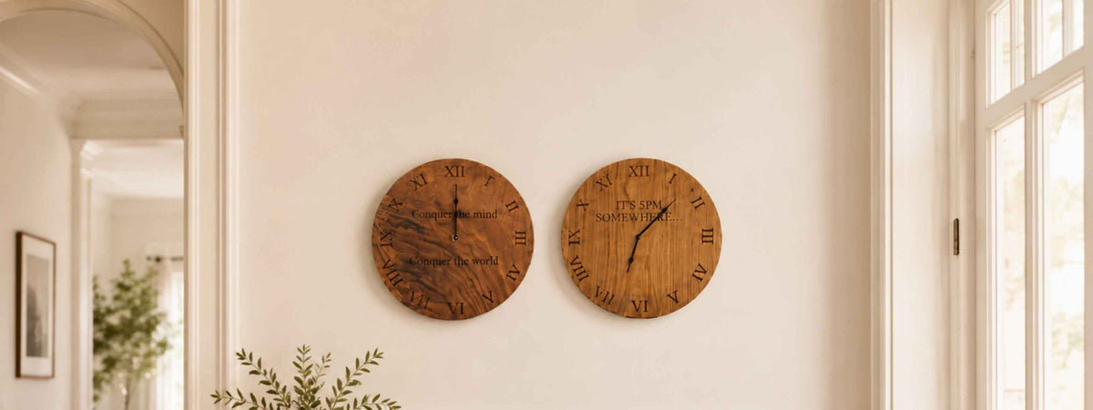 Wooden Oak & Walnut Clocks on a wall