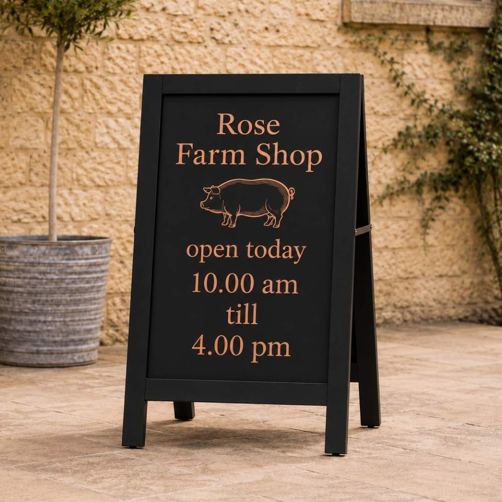 A black A-frame sidewalk sign with copper-toned text reading 'Rose Farm Shop' and 'open today 10.00 am till 4.