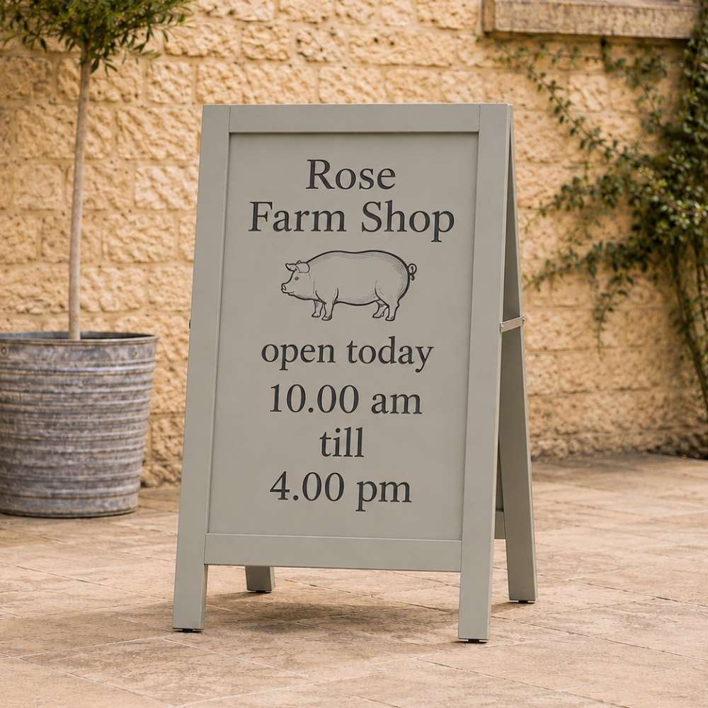 A gray A-frame sidewalk sign with black text reading 'Rose Farm Shop' and a pig illustration, standing outdoors on a stone patio in front of a beige stucco wall.