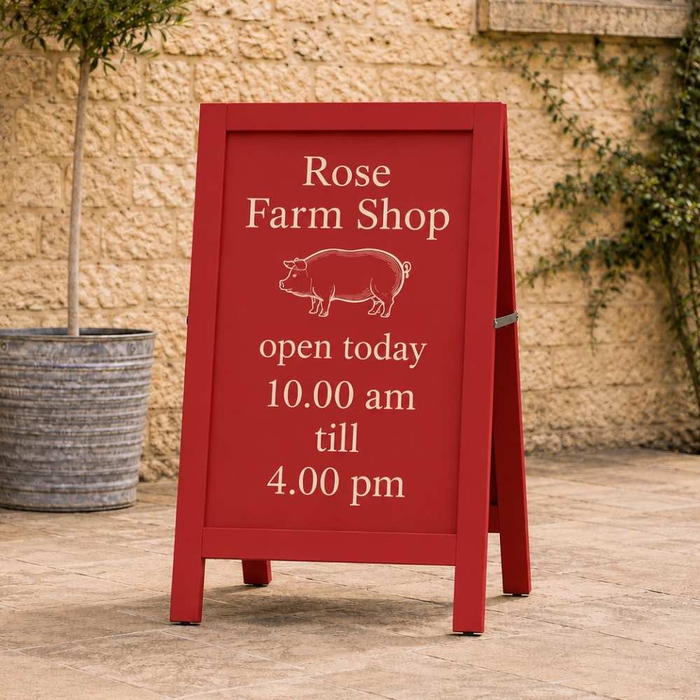 A red A-frame sidewalk sign with white text reading 'Rose Farm Shop open today 10.00 am till 4.