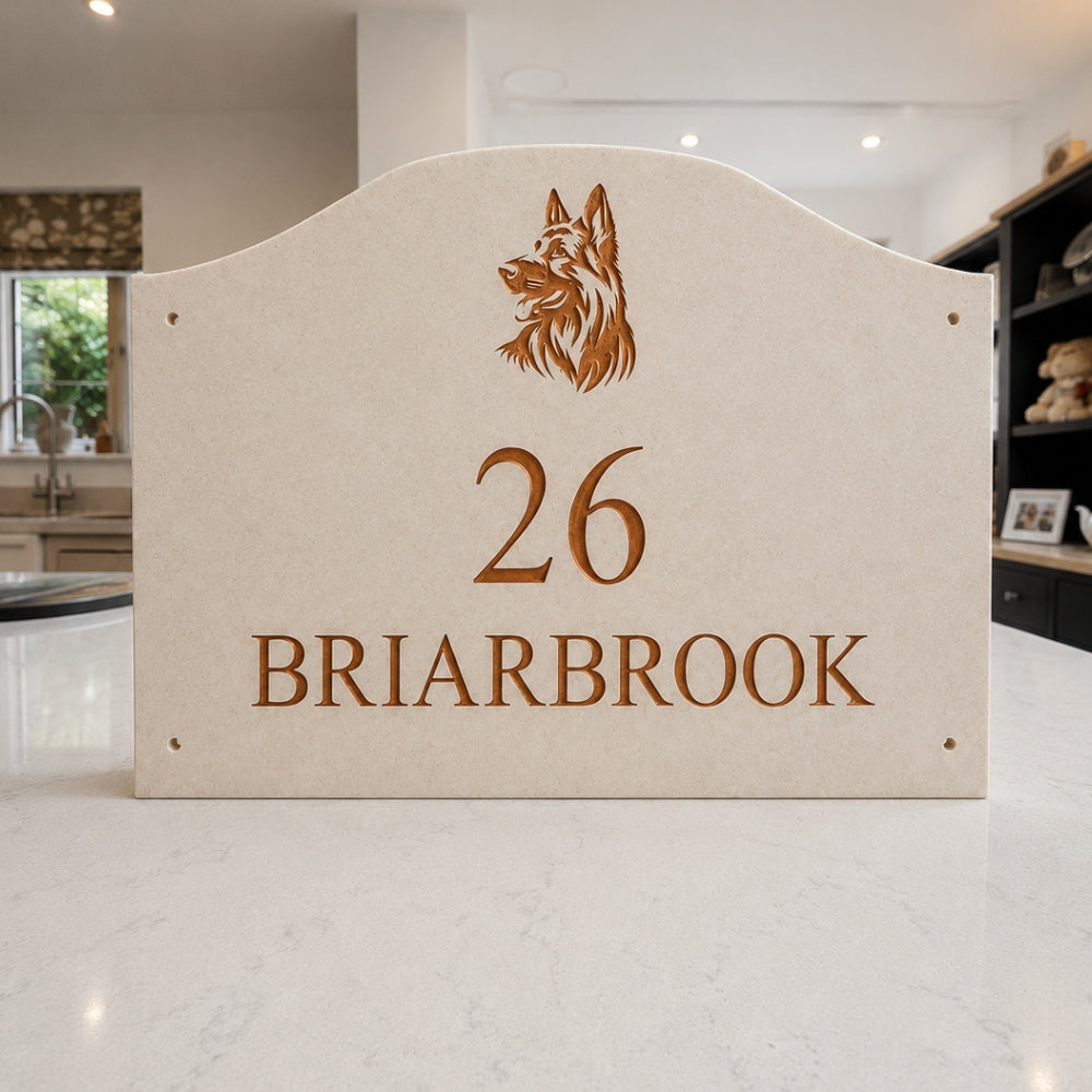Scalloped Engraved Stone House Number & Name Sign with Motif