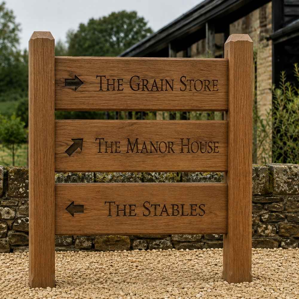 A wooden iroko outdoor signpost with three horizontal planks directing visitors to 'The Grain Store', 'The Manor House', and 'The Stables' with engraved arrows, set in a gravel courtyard with a stone wall and building in the background.