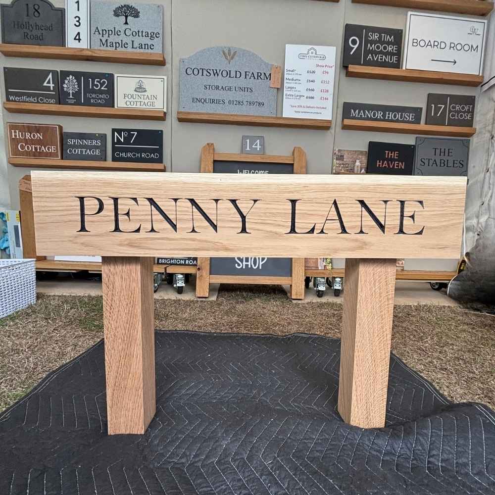 Horizontal Wooden Oak Engraved House Sign with Posts