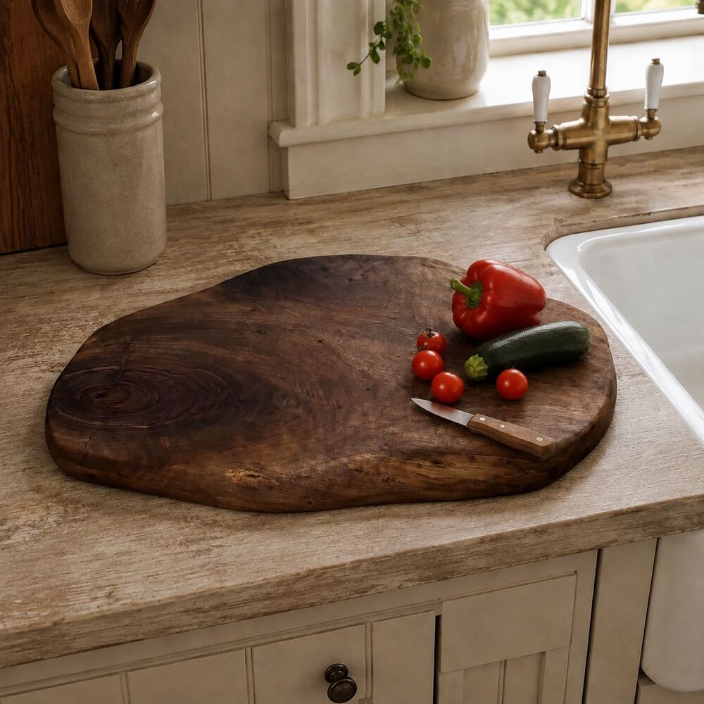 An organic-shaped dark wood cutting board on a beige stone kitchen countertop, styled with a red bell pepper, cucumber, cherry tomatoes, and a knife near a white sink and brass faucet.