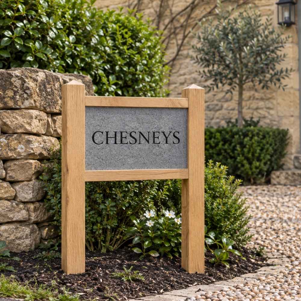 Oak Post and Stone House Sign on posts with frame