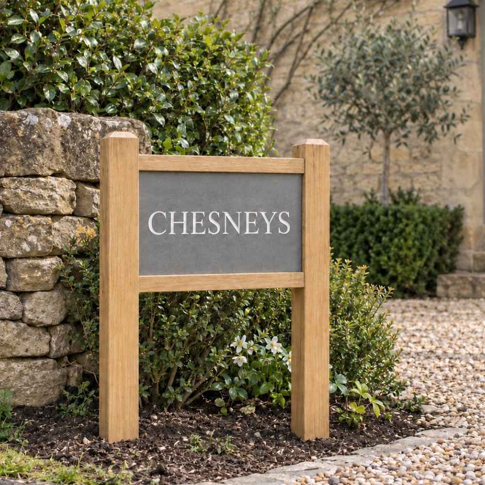 Oak Post and Stone House Sign on posts with frame