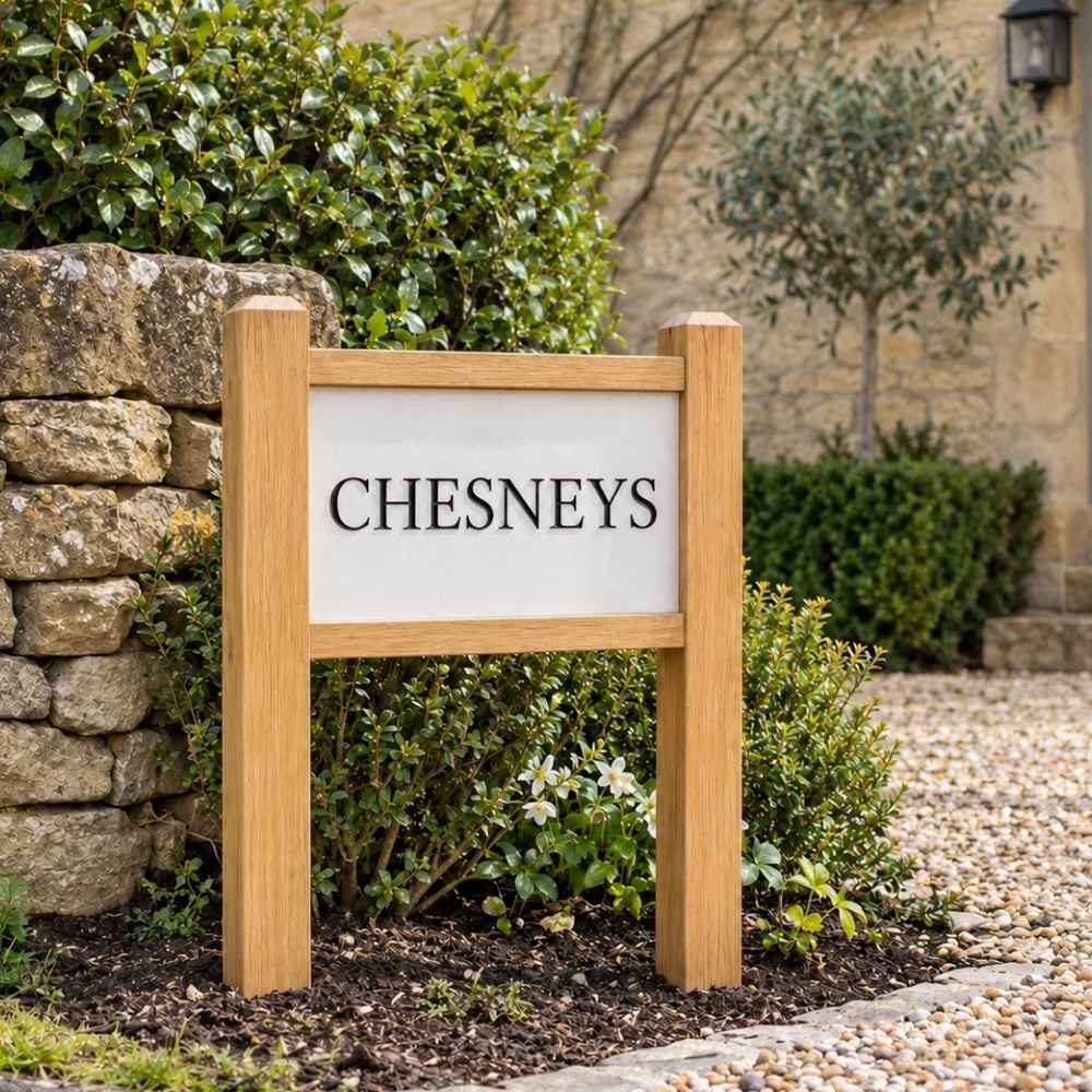 Oak Post and Stone House Sign on posts with frame