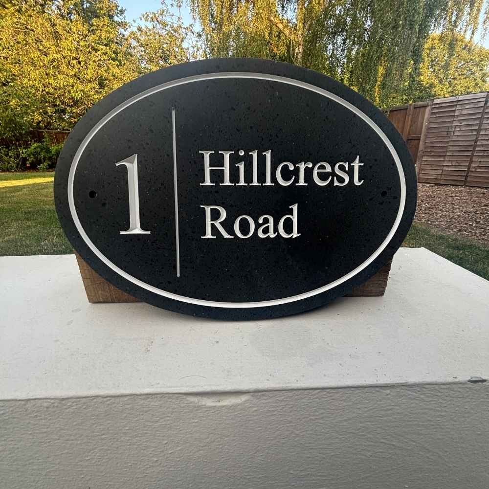 Oval Engraved Stone House Name & Number Sign with Vertical Line