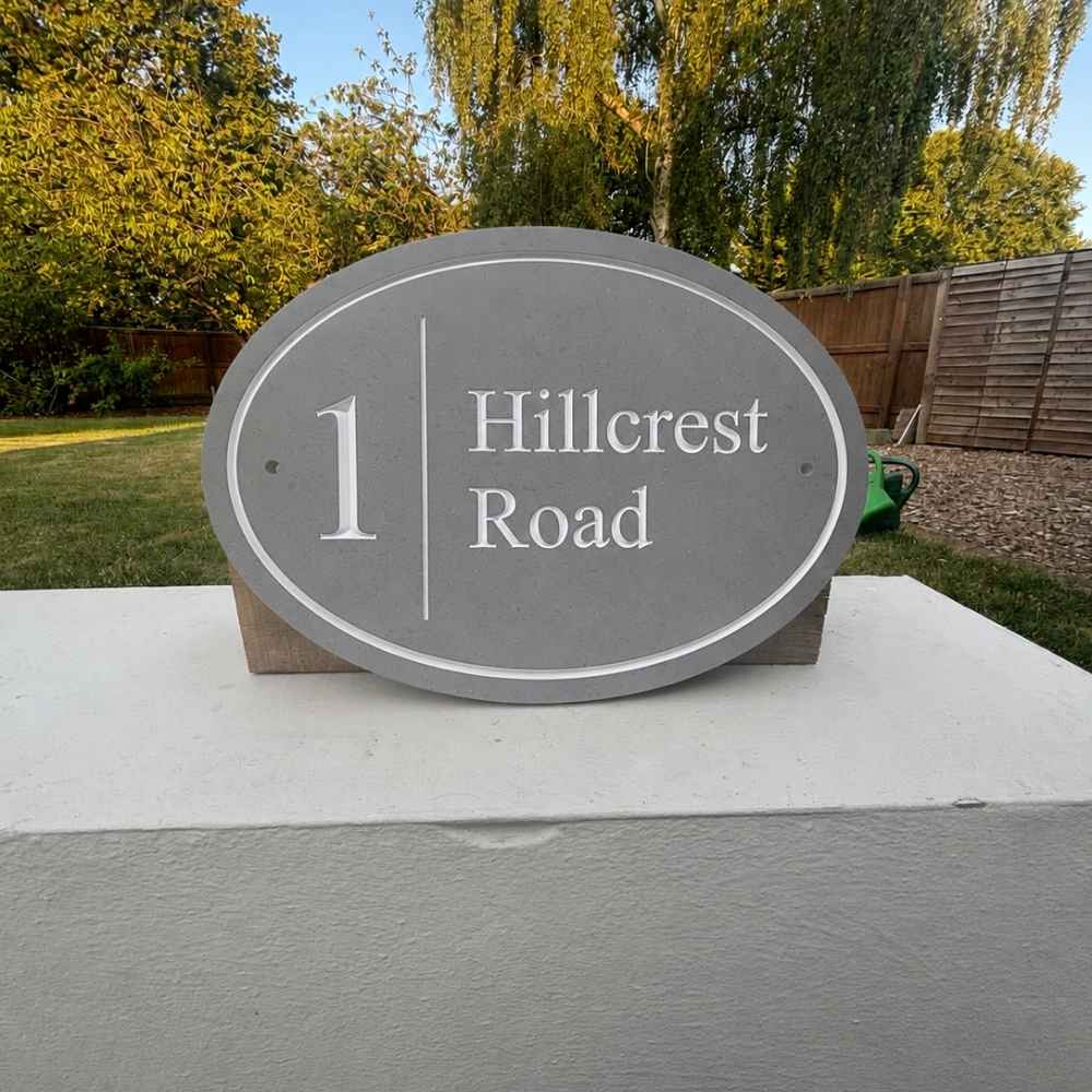 Oval Engraved Stone House Name & Number Sign with Vertical Line