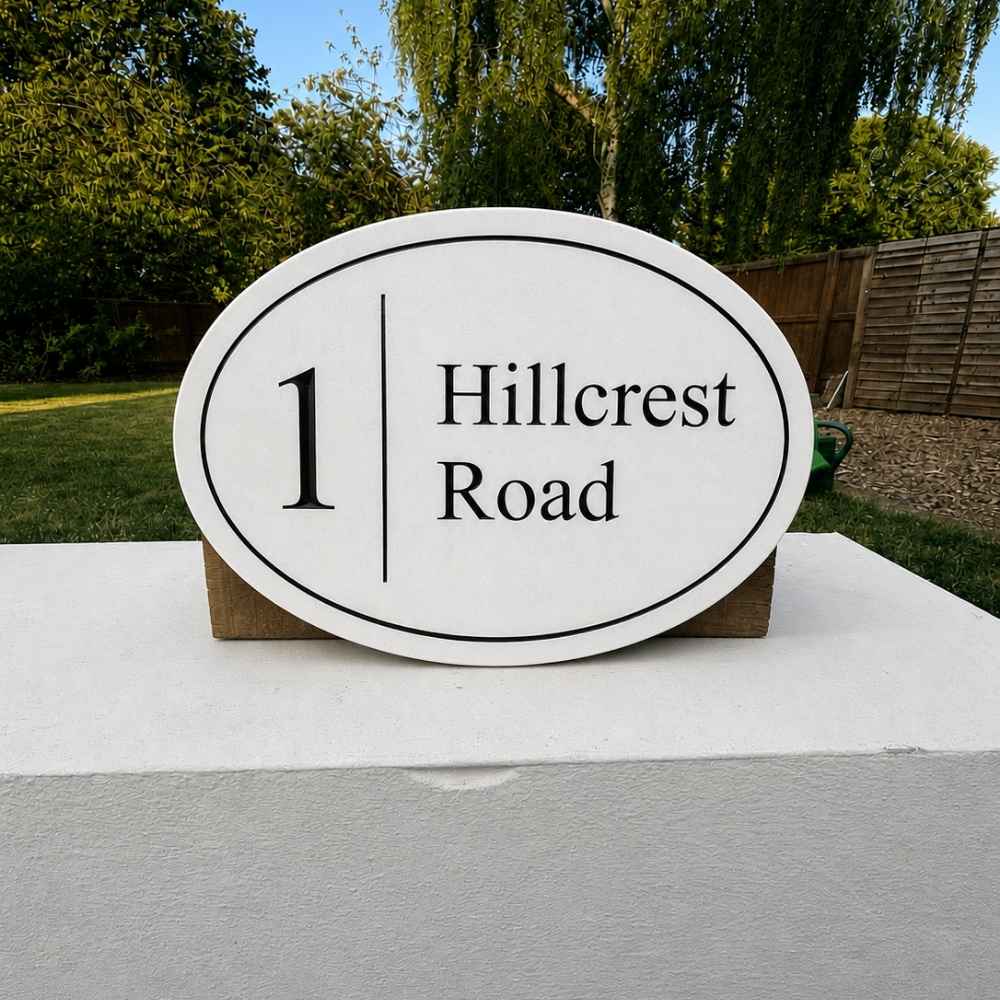 Oval Engraved Stone House Name & Number Sign with Vertical Line