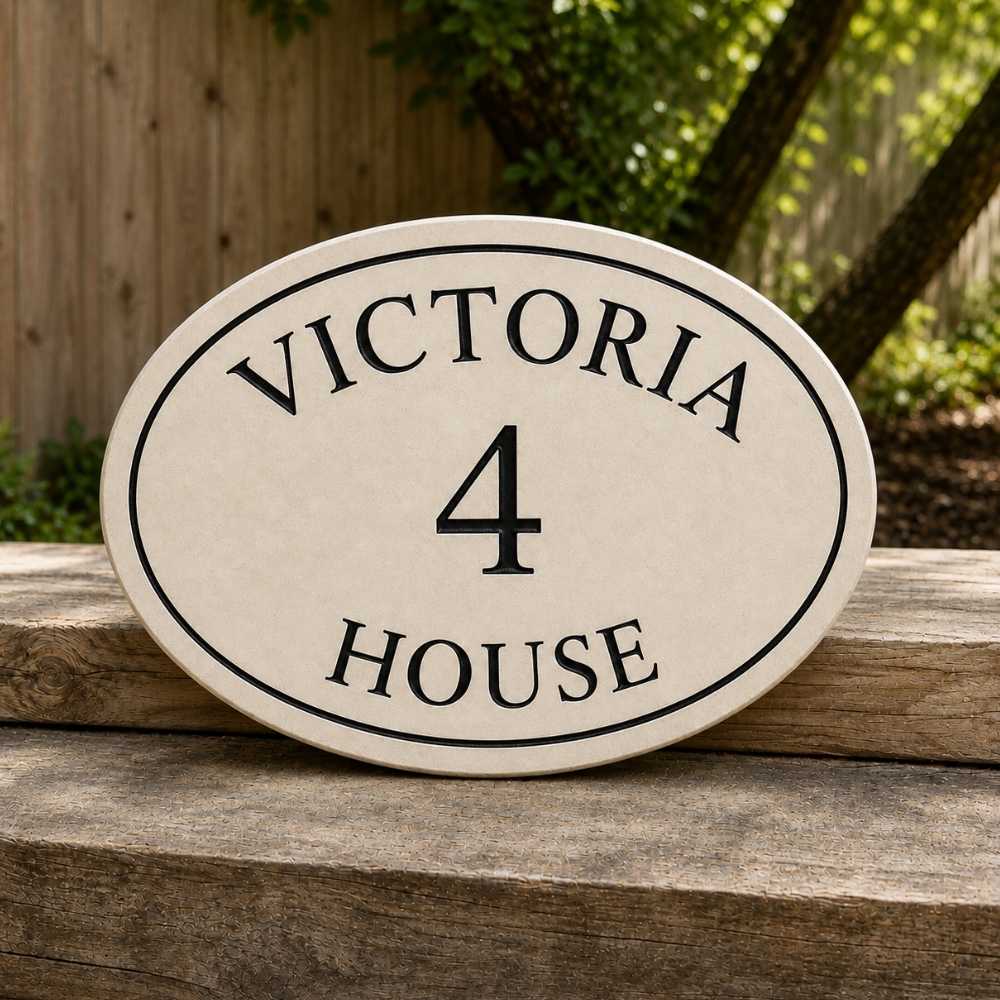 An oval limestone house sign with black lettering that reads 'VICTORIA 4 HOUSE', displayed on a rustic wooden fence with a blurred garden background.
