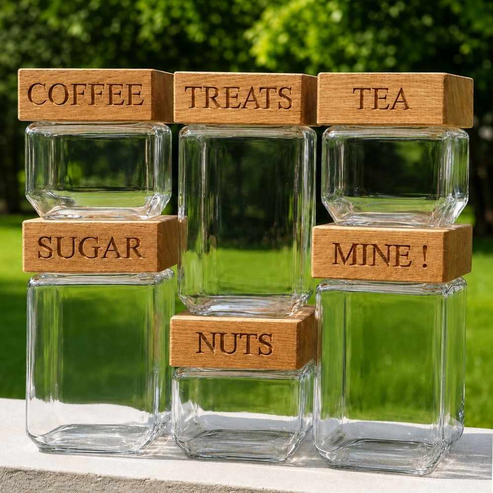 Oak Lid Jars Outside on a wall