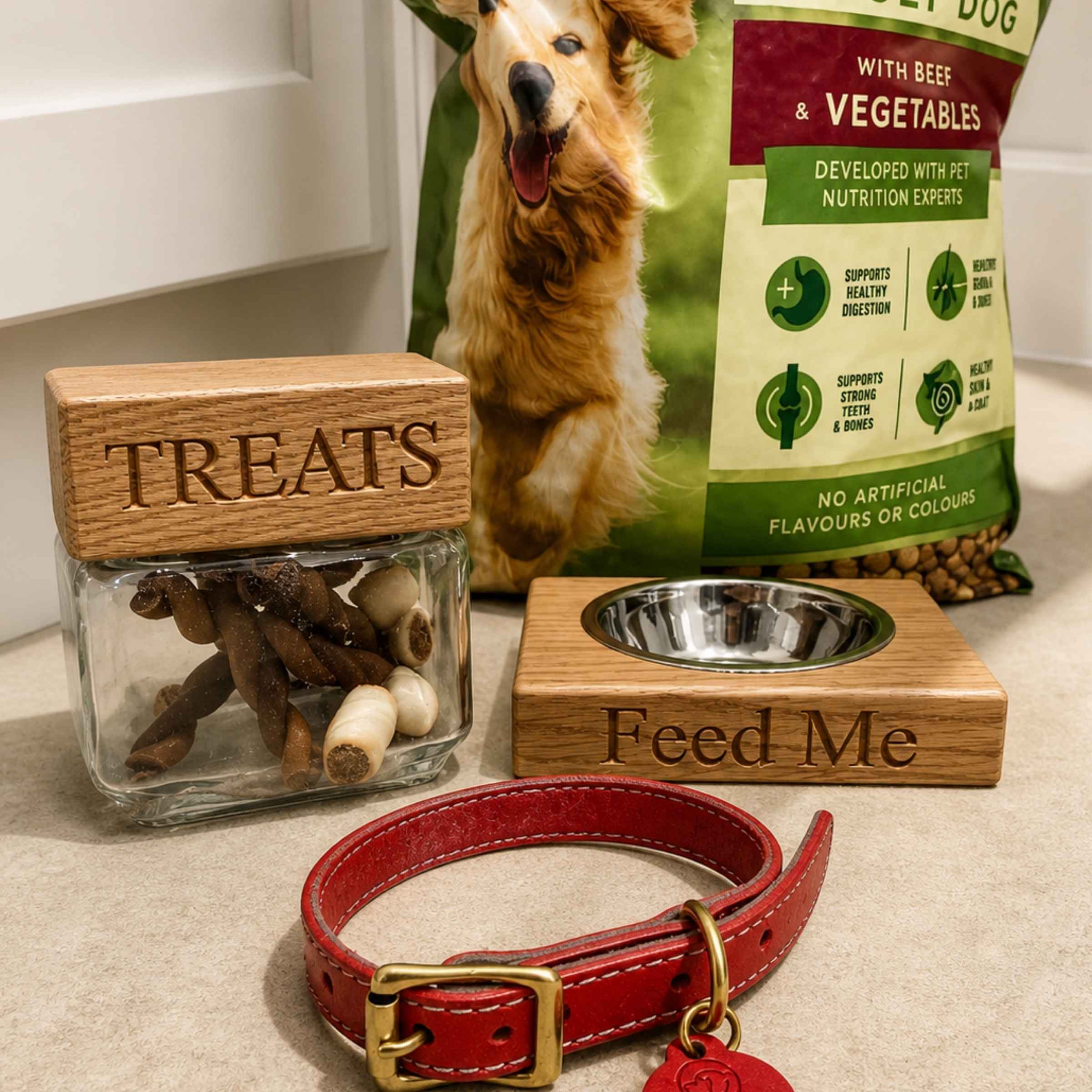 Dog accessories including a treat jar, 'Feed Me' bowl, and red collar on a surface.