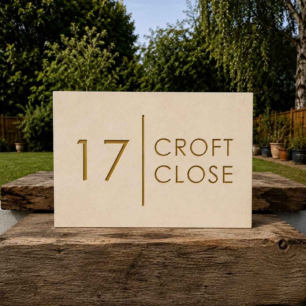 A rectangular limetone house number plaque displaying '17 CROFT CLOSE' in gold-toned lettering, mounted on a rustic wooden post with a garden background.