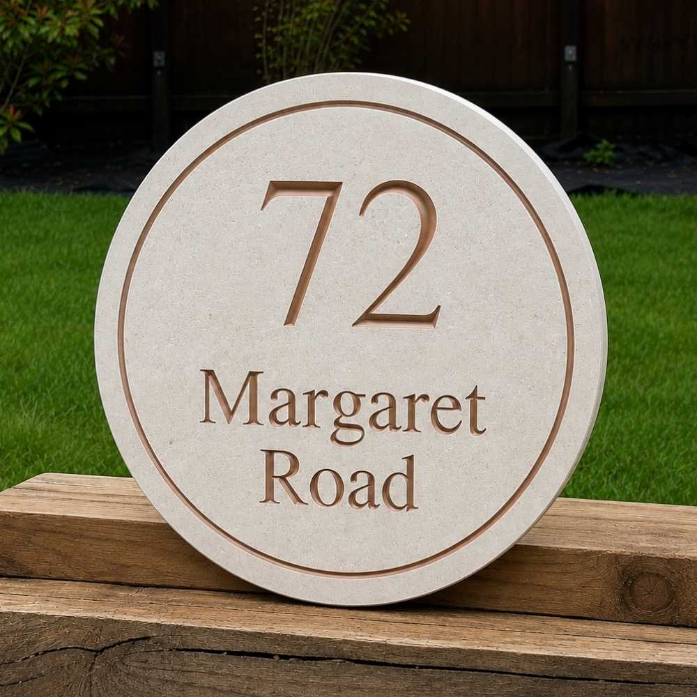 Round outdoor limestone house number plaque reading '72 Margaret Road' in copper lettering.