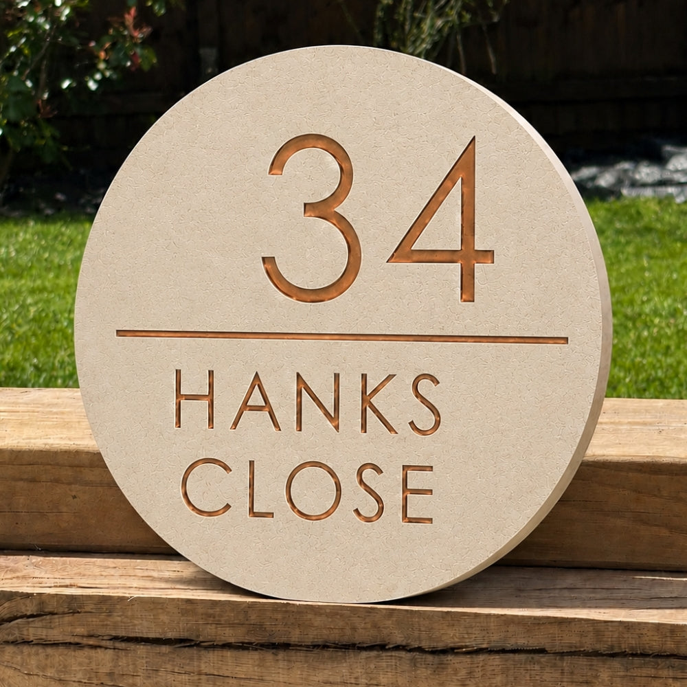 Round Engraved Stone House Number and Name Sign with line