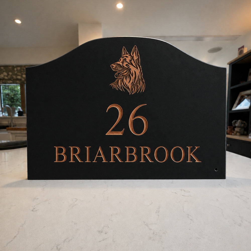 Scalloped Engraved Stone House Number & Name Sign with Motif