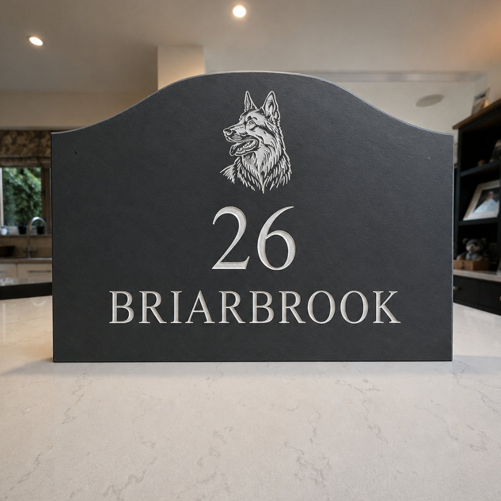 Scalloped Engraved Stone House Number & Name Sign with Motif