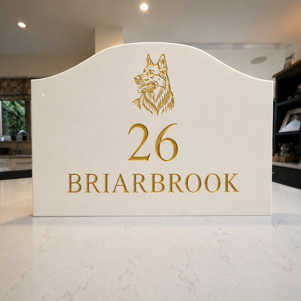 Scalloped Engraved Stone House Number & Name Sign with Motif