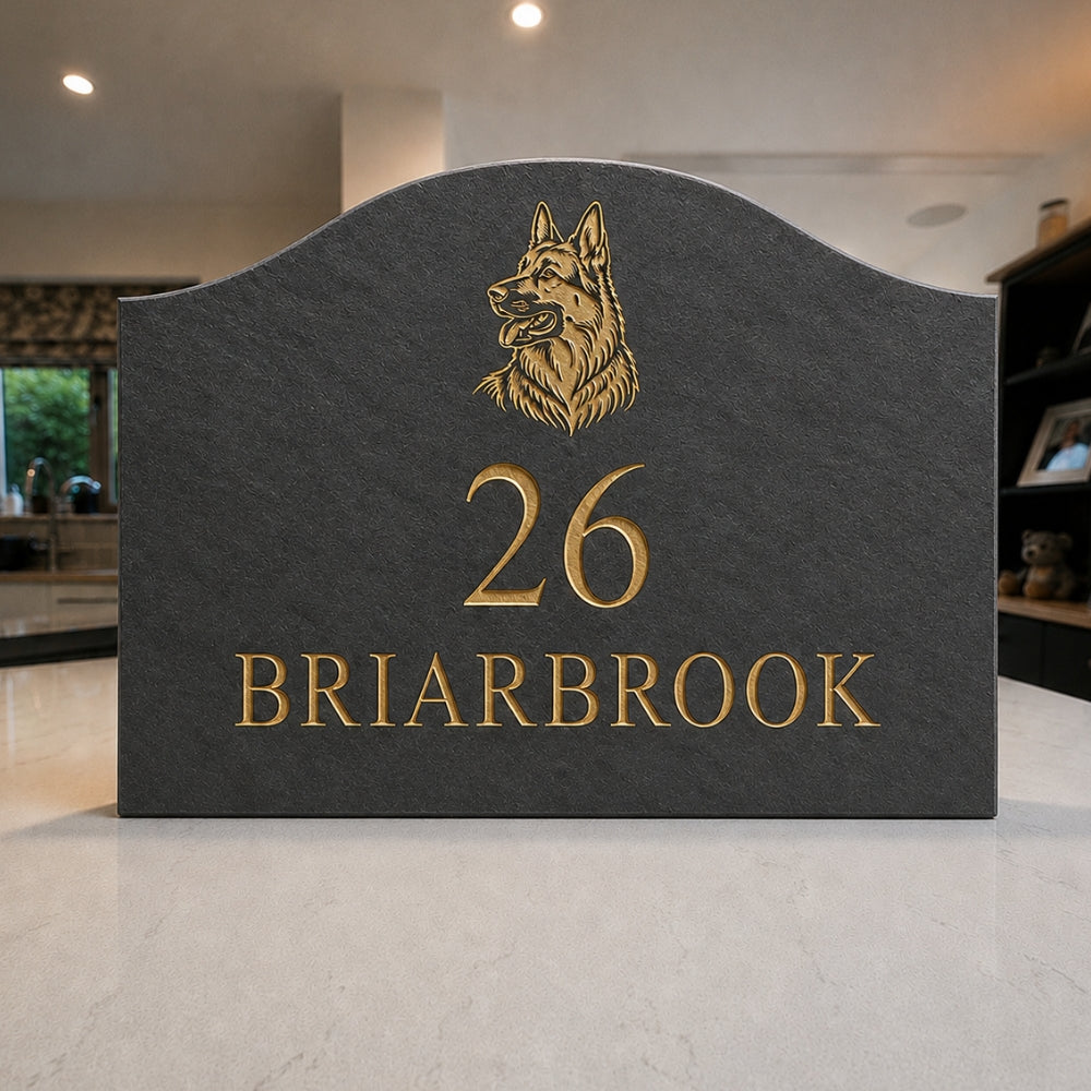 Scalloped Engraved Stone House Number & Name Sign with Motif
