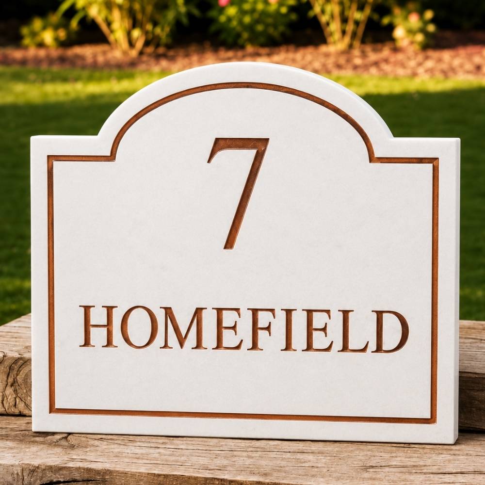 A white arched house number plaque with the number 7 and the word HOMEFIELD in brown lettering, displayed on a wooden post outdoors with a blurred green lawn and garden background.