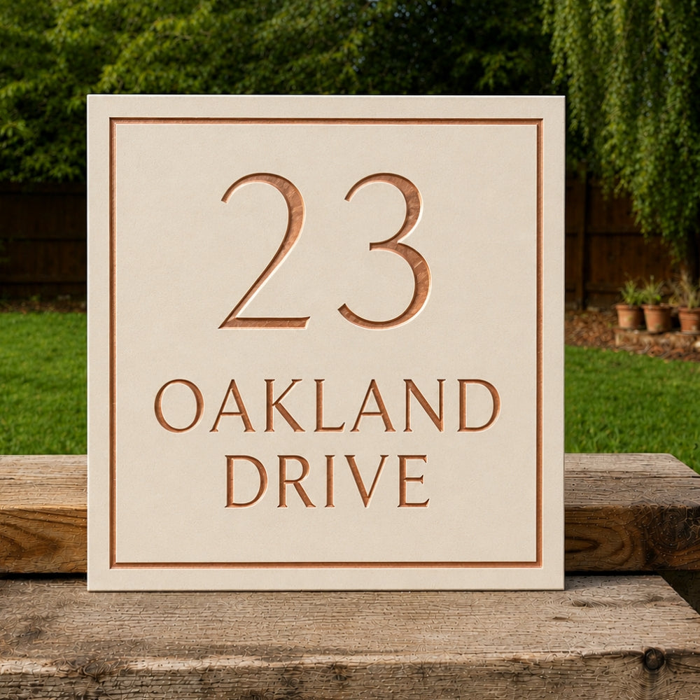 A square limestone house number plaque reading '23 OAKLAND DRIVE' with copper-toned lettering and border, displayed outdoors on a wooden surface with a green garden background.