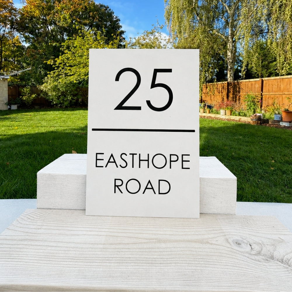 A white rectangular house number sign reading '25 EASTHOPE ROAD' with black text, displayed outdoors on a light wood surface with a grassy backyard and trees in the background.