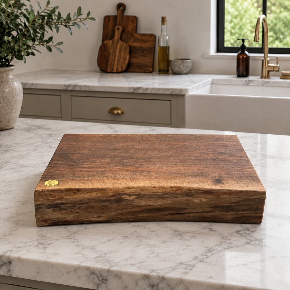 A thick, rectangular live-edge wooden cutting board with a warm medium-brown finish and a small gold logo stamp, displayed on a white marble kitchen countertop.