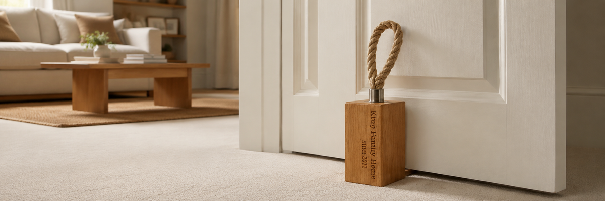 Wooden Oak Doorstop in front of a living room door