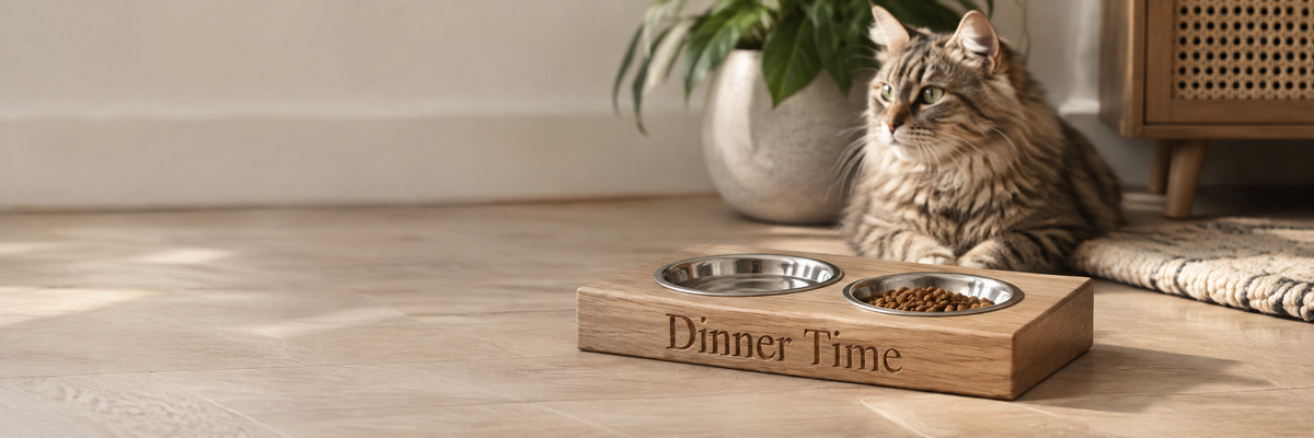 Wooden Oak double cat food stand