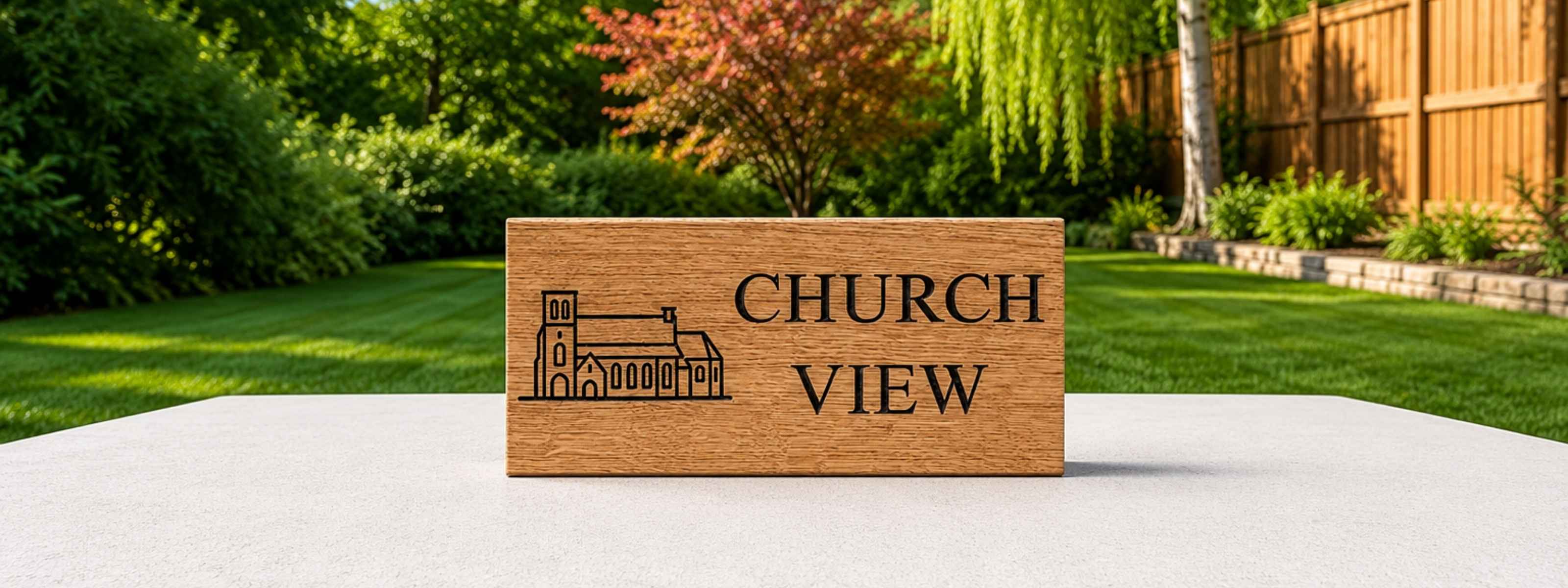 Wooden Rectangle House Sign - Church View with Church Motif