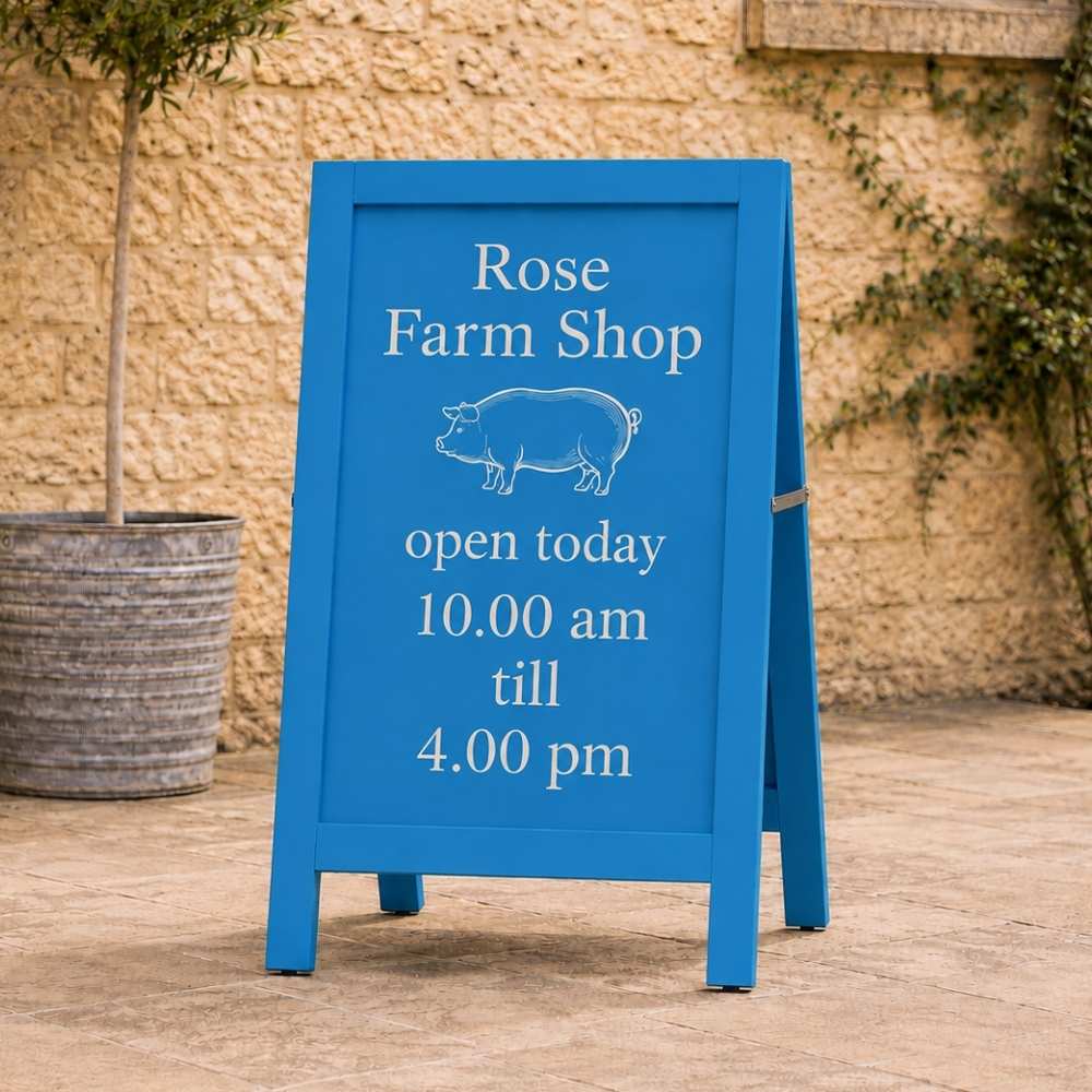 A bright blue A-frame sidewalk sign with white text reading 'Rose Farm Shop' and 'open today 10.00 am till 4.