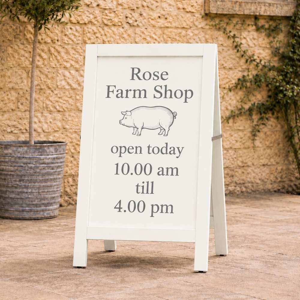 A white A-frame sidewalk sign with black text reading 'Rose Farm Shop' and 'open today 10.00 am till 4.