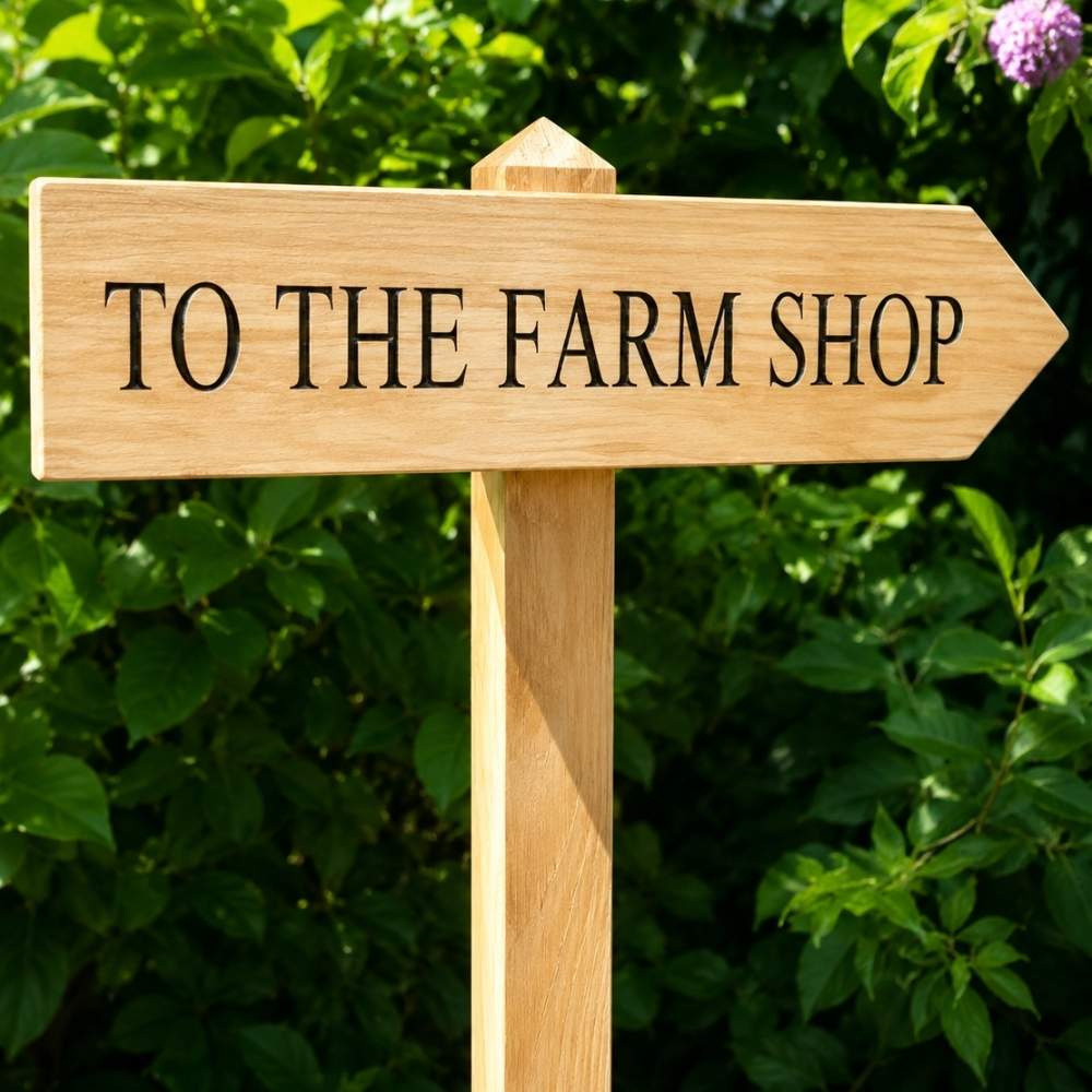 A wooden directional sign pointing right with the text 'TO THE FARM SHOP' in black lettering, mounted on a wooden post outdoors against a background of green foliage.