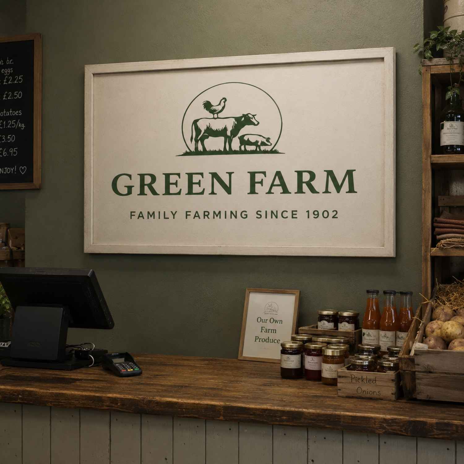 A framed rustic wall sign with a cream background and dark green text reading 'GREEN FARM FAMILY FARMING SINCE 1902' and a simple farm animal illustration, displayed above a wooden counter in a shop interior.