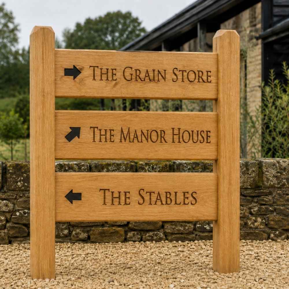 A wooden three-way directional garden sign with black engraved text reading 'THE GRAIN STORE', 'THE MANOR HOUSE', and 'THE STABLES' with corresponding arrow directions, set outdoors in gravel in front of a stone wall and barn.