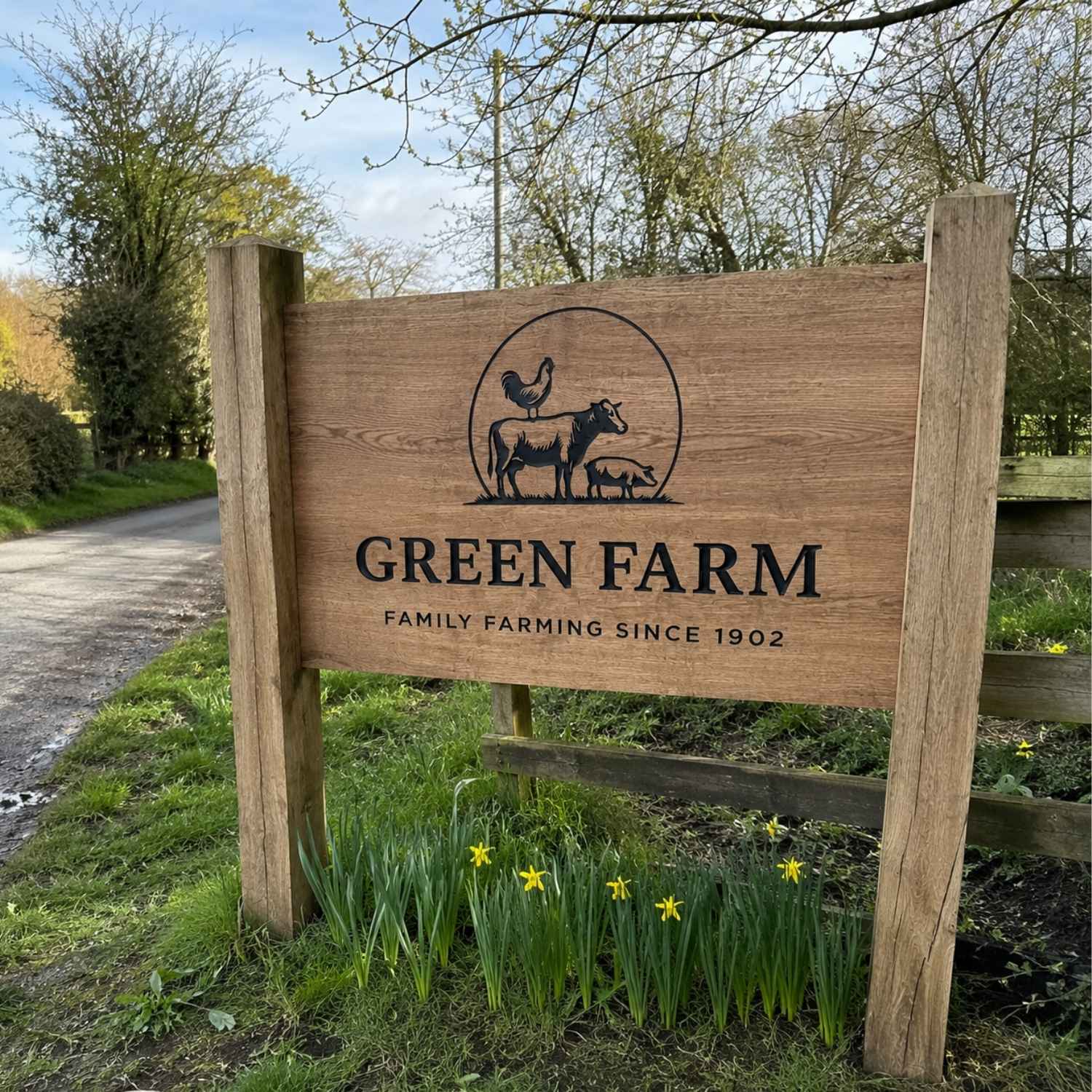 Wooden sign for Green Farm with farm animals illustration and text on a grassy area.