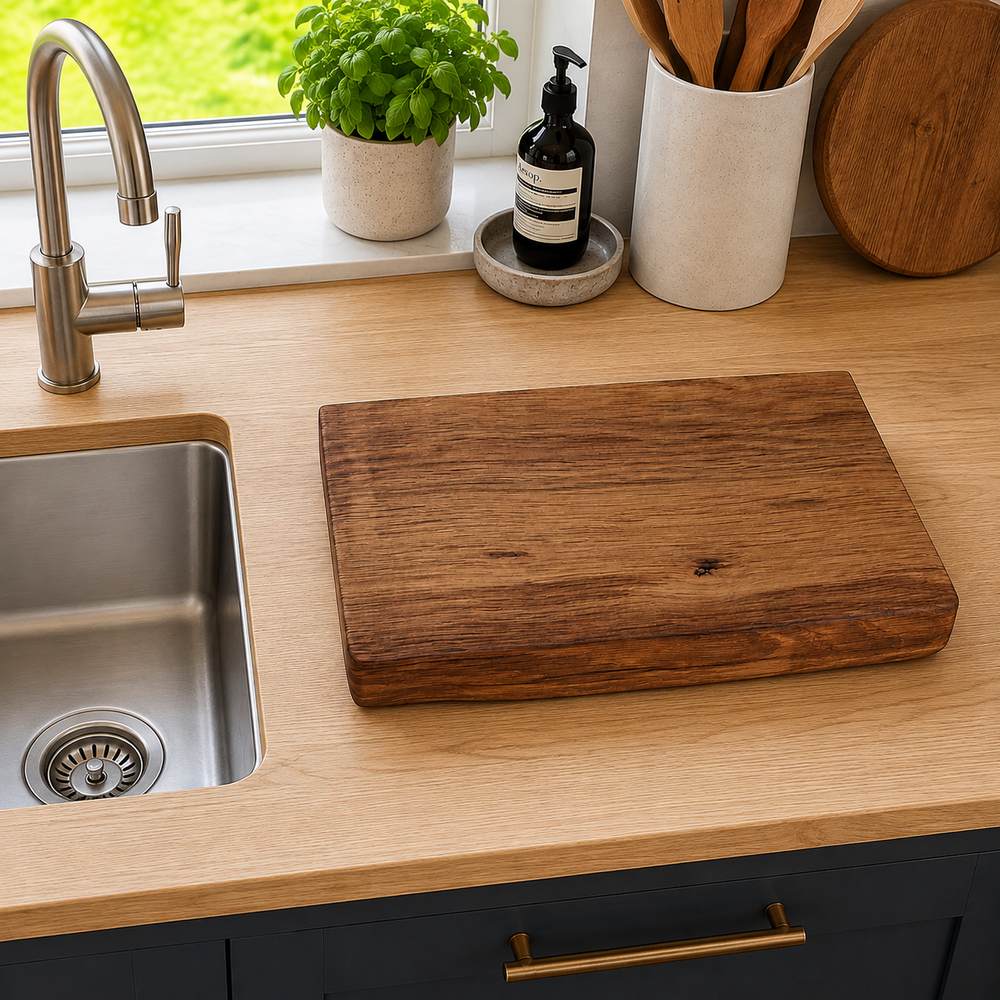 A rectangular dark brown wooden cutting board with a natural grain pattern, resting on a light wood kitchen countertop next to a stainless steel sink and faucet.