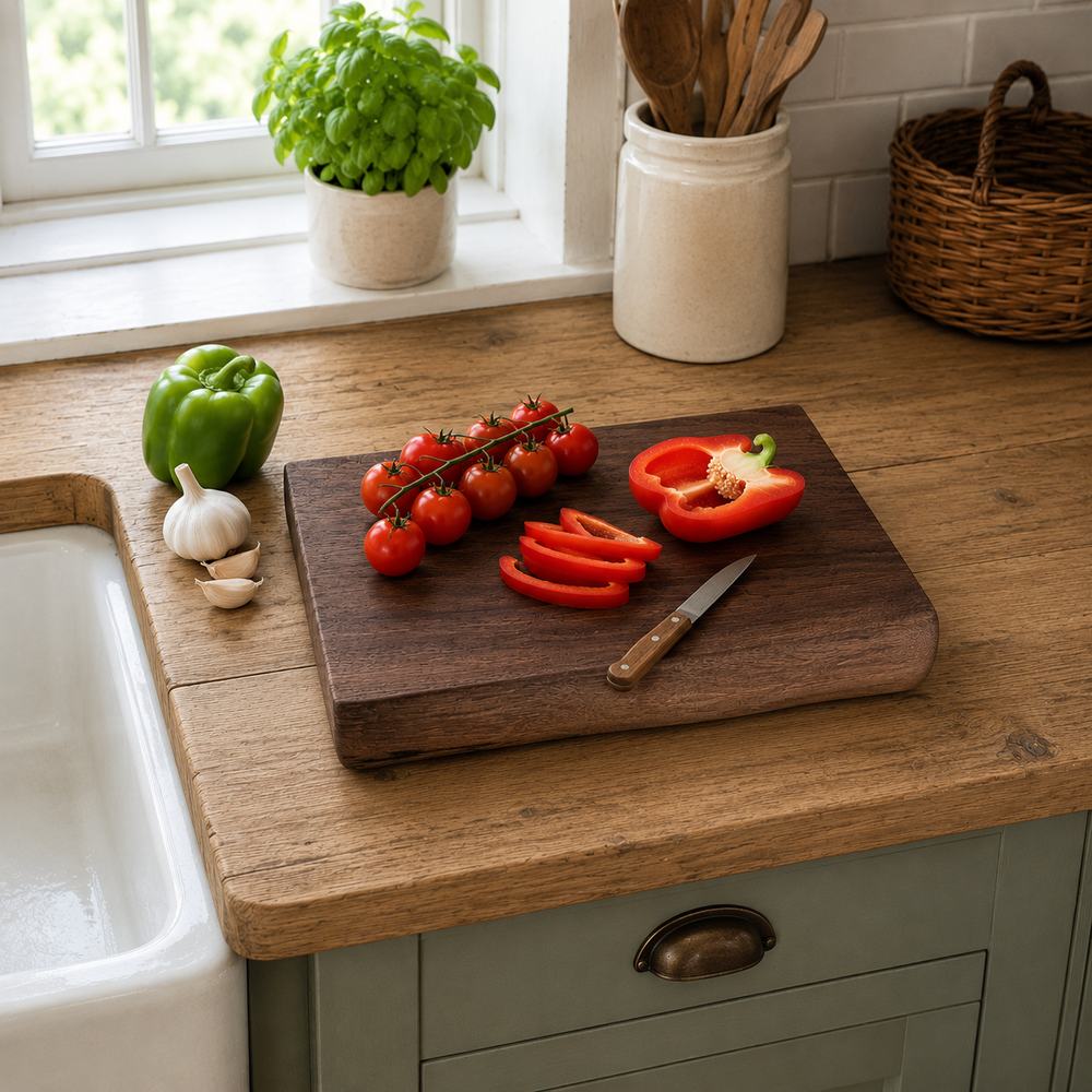 A dark brown wooden cutting board with a knife, sliced red bell pepper, and cherry tomatoes, set on a rustic wooden kitchen countertop with fresh vegetables nearby.