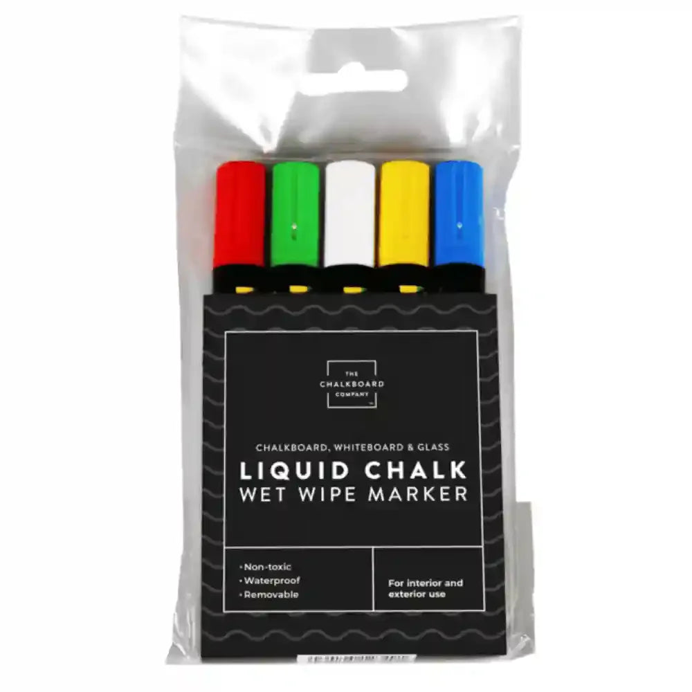 Pack of liquid chalk wet wipe markers in red, green, white, yellow, and blue with The Chalkboard Company branding.