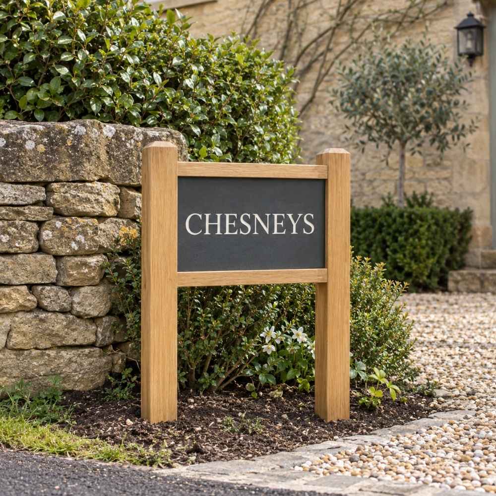 Oak Post and Stone Sign - Chesneys in situ