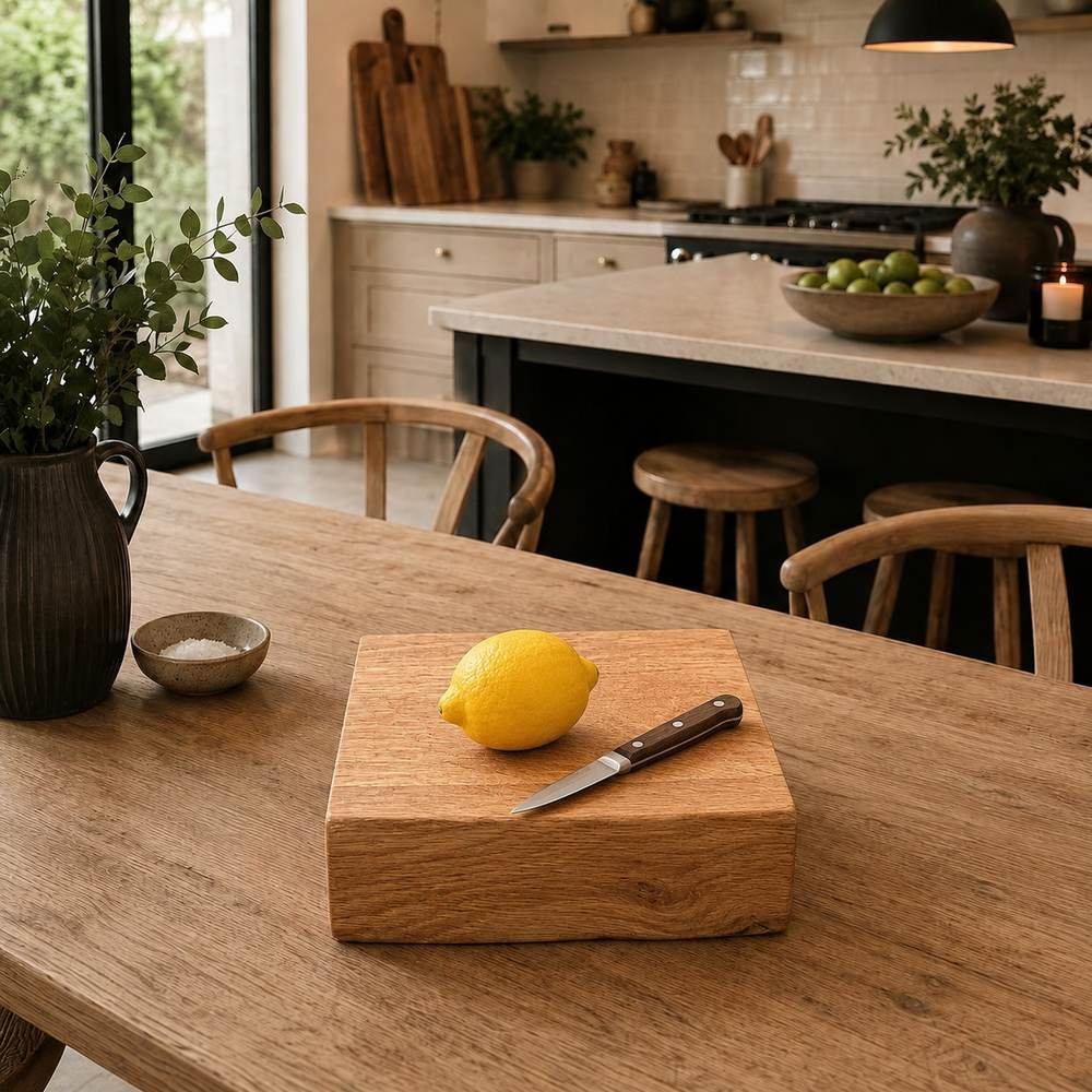A rectangular wooden cutting board sits on a rustic wooden dining table in a bright, modern kitchen. A yellow lemon and a small knife with a dark handle rest on the board.