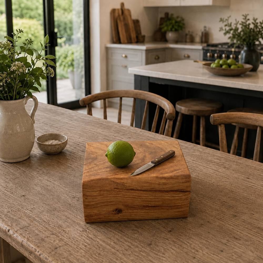 A square wooden cutting board with rounded corners sits on a rustic wooden dining table in a bright kitchen. A green lime and a small knife with a dark handle rest on the board.