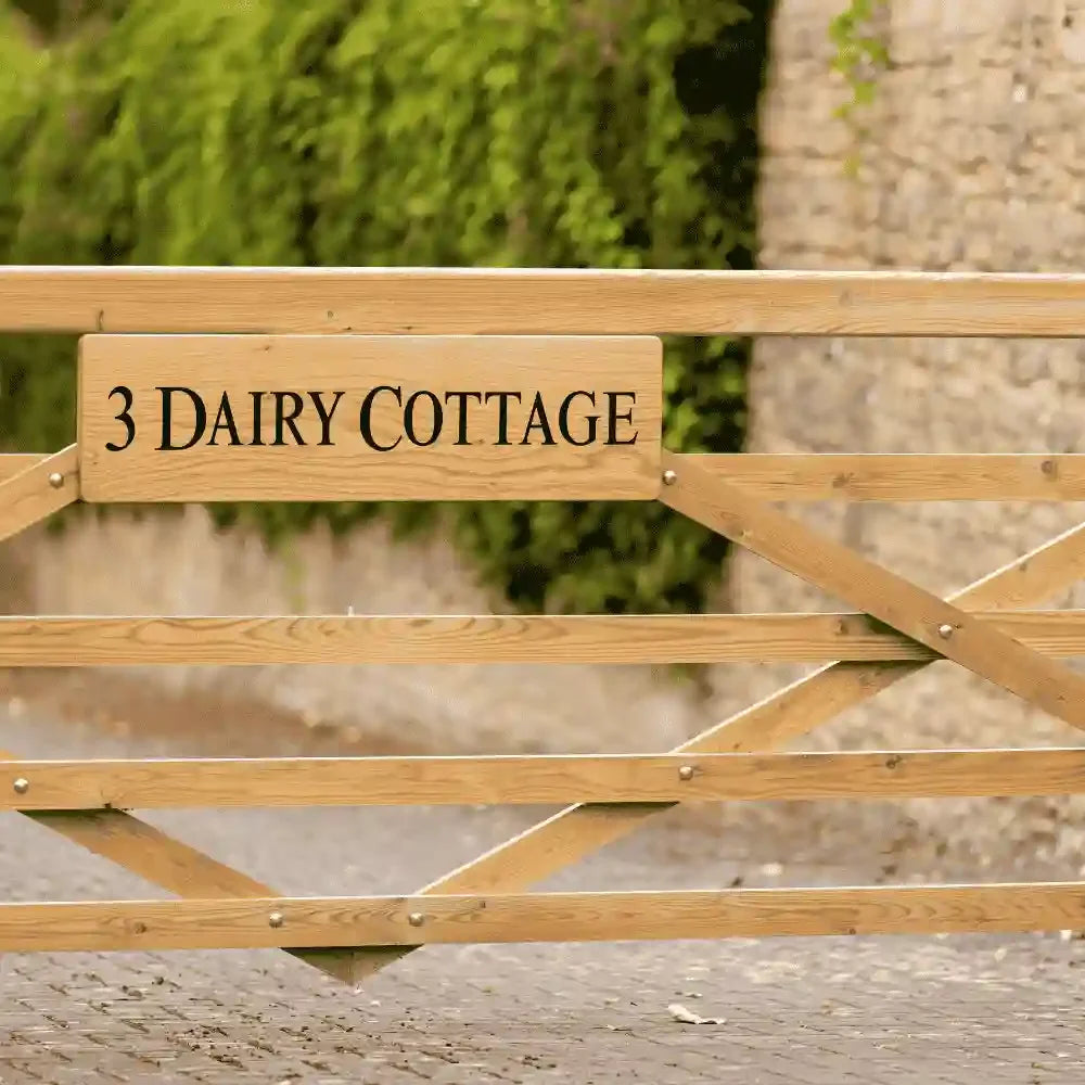 Wooden gate with '3 Dairy Cottage' sign in a natural setting