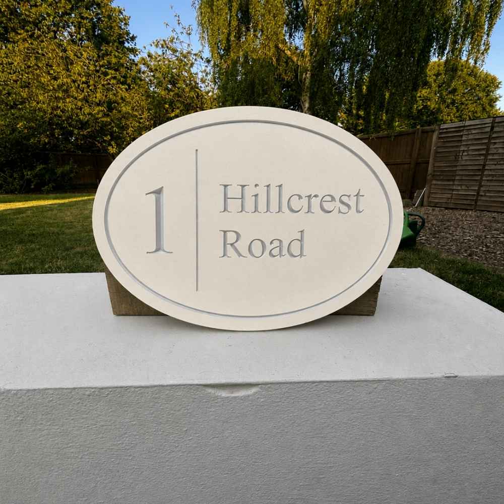 Oval Engraved Stone House Name & Number Sign with Vertical Line
