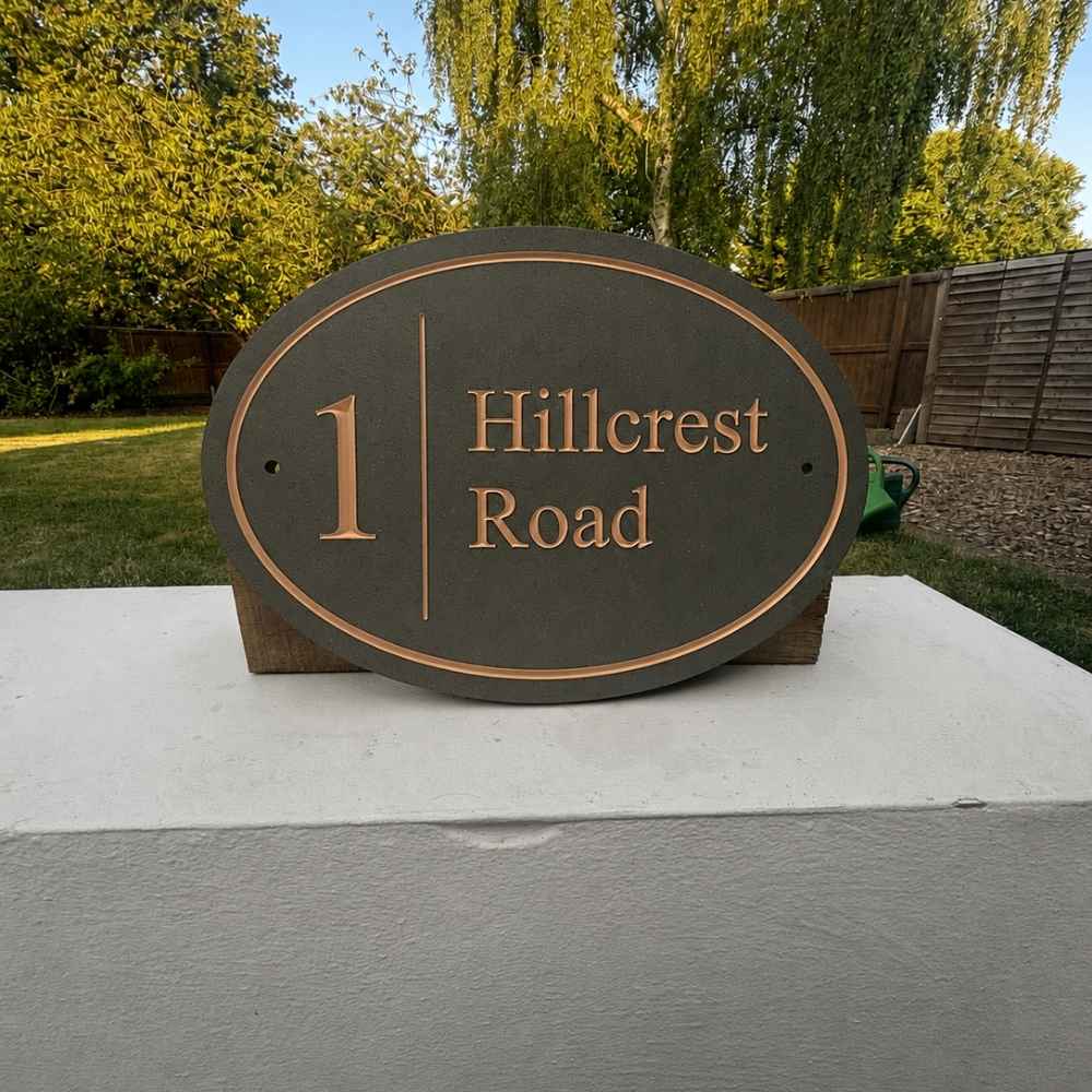 Oval Engraved Stone House Name & Number Sign with Vertical Line