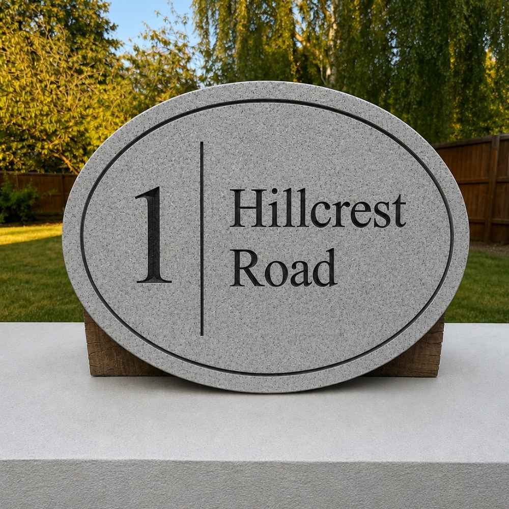 Oval Engraved Stone House Name & Number Sign with Vertical Line