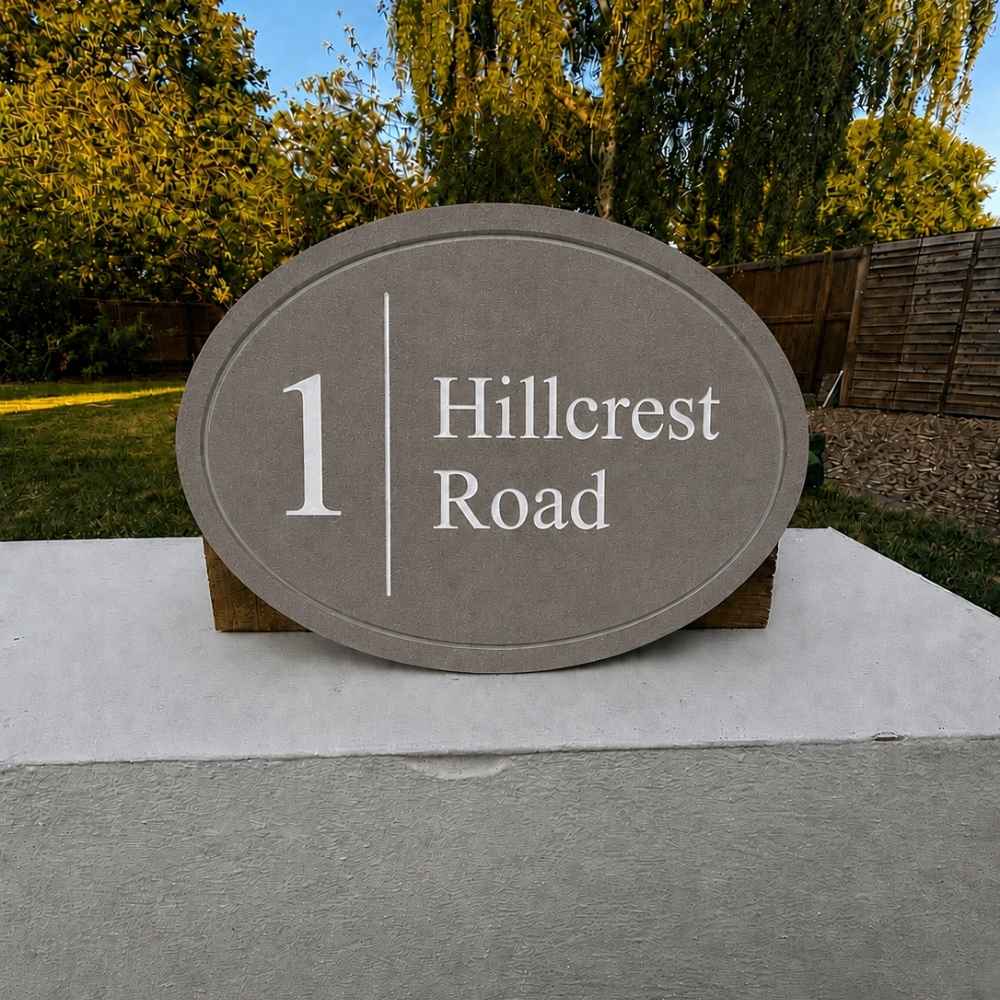 Oval Engraved Stone House Name & Number Sign with Vertical Line